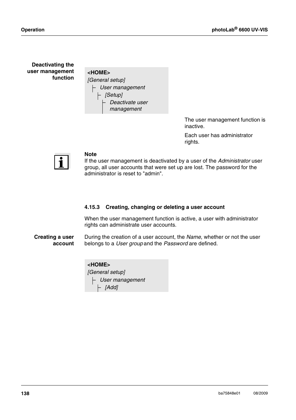 3 creating, changing or deleting a user account | Xylem photoLab 6600 UV-VIS User Manual | Page 138 / 184