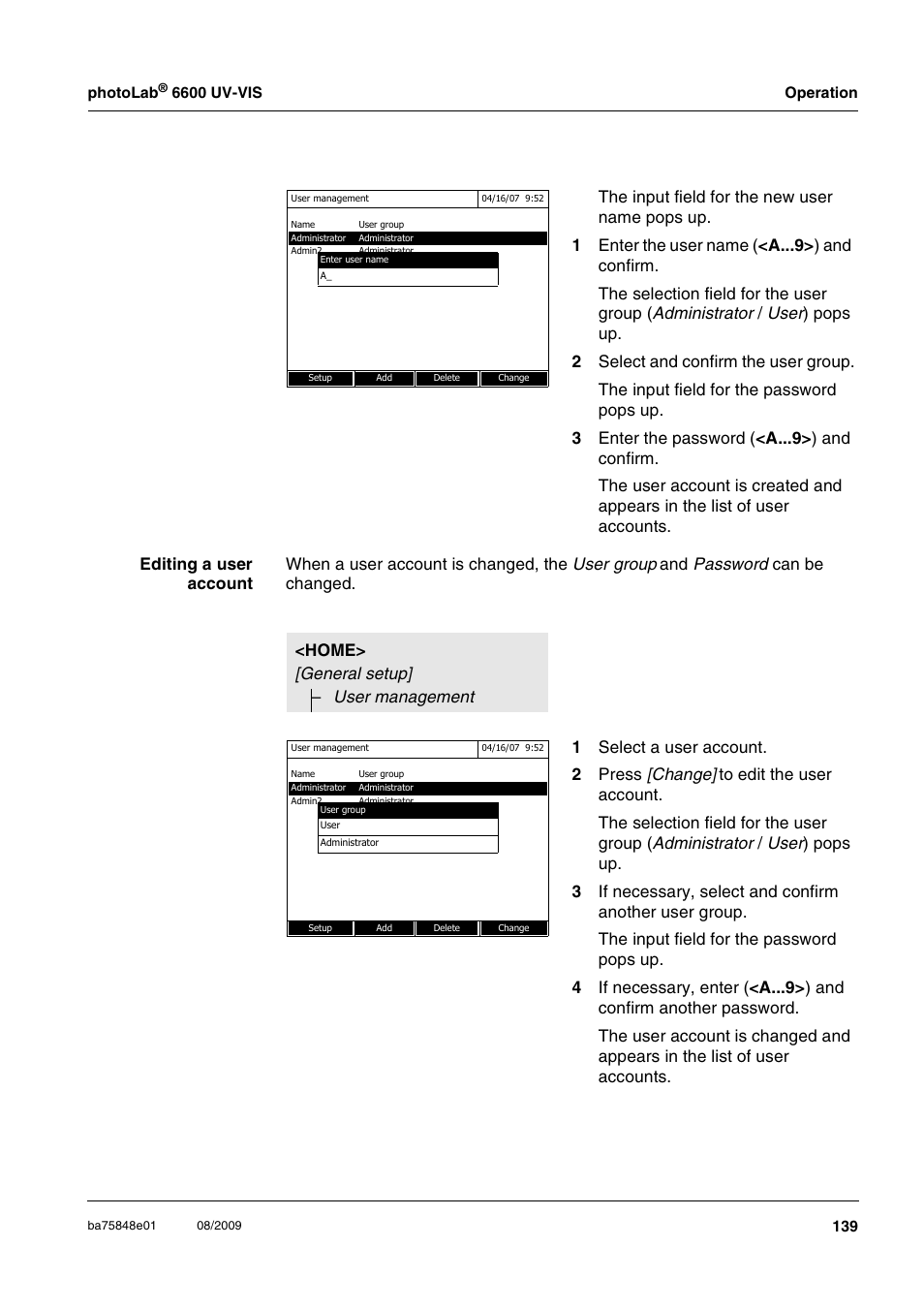 1select a user account. 2 press [change | Xylem photoLab 6600 UV-VIS User Manual | Page 139 / 184