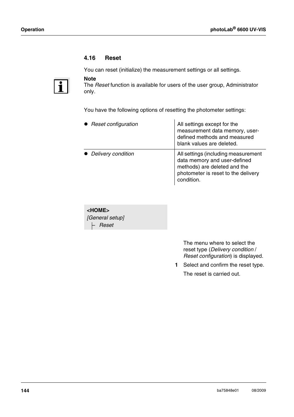 16 reset, Ues (see section 4.16 | Xylem photoLab 6600 UV-VIS User Manual | Page 144 / 184