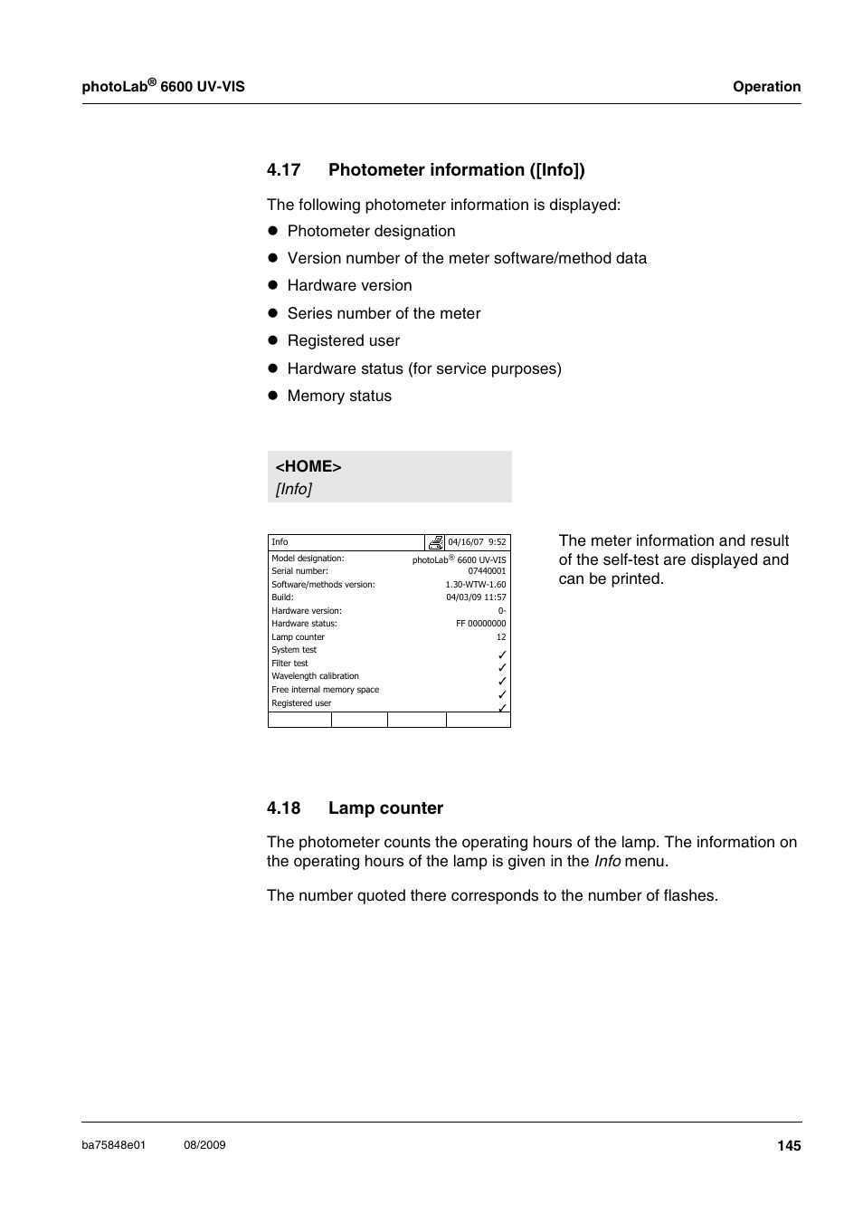 17 photometer information ([info]), 18 lamp counter | Xylem photoLab 6600 UV-VIS User Manual | Page 145 / 184