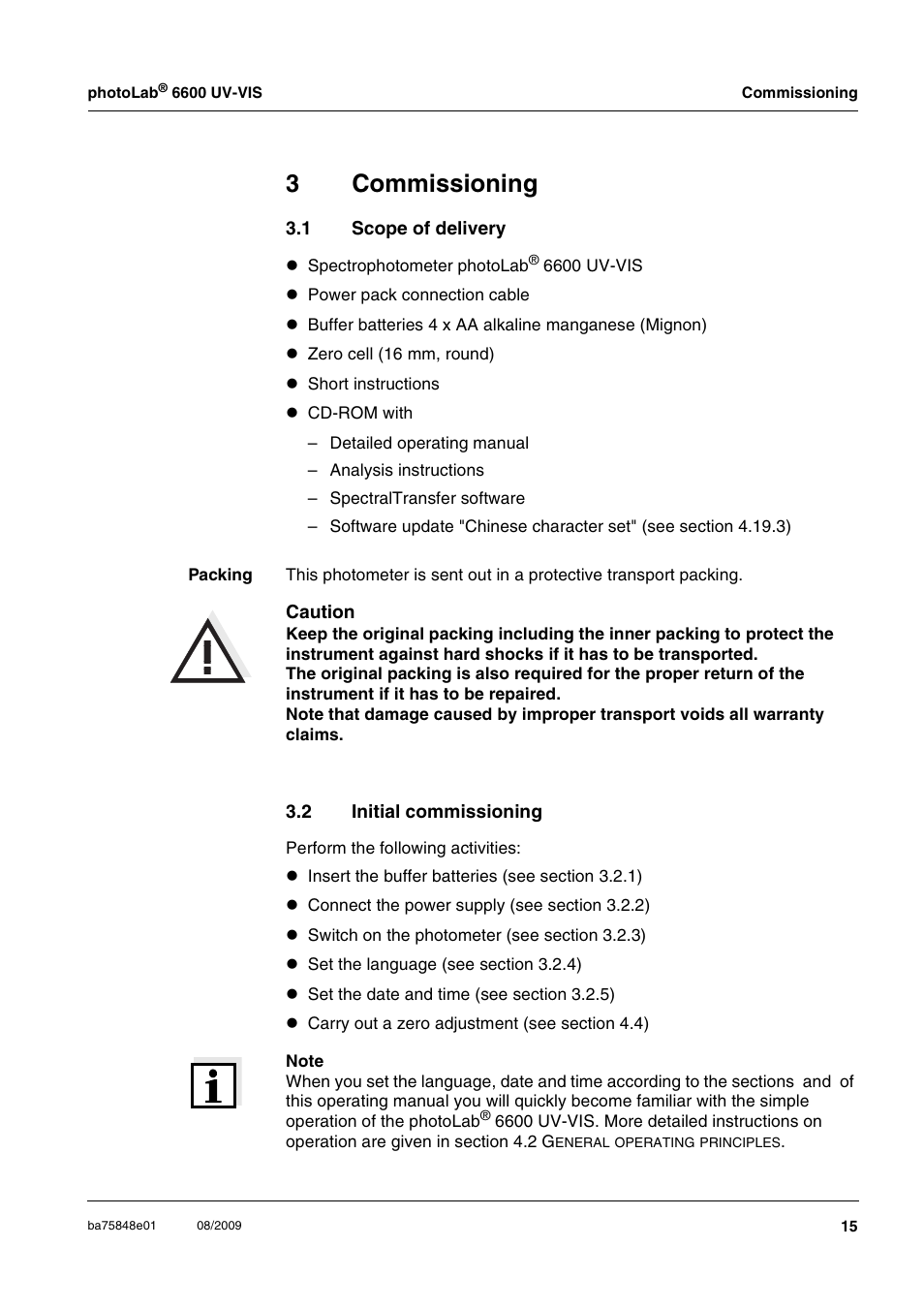 3 commissioning, 1 scope of delivery, 2 initial commissioning | Commissioning, Scope of delivery, Initial commissioning, 3commissioning | Xylem photoLab 6600 UV-VIS User Manual | Page 15 / 184