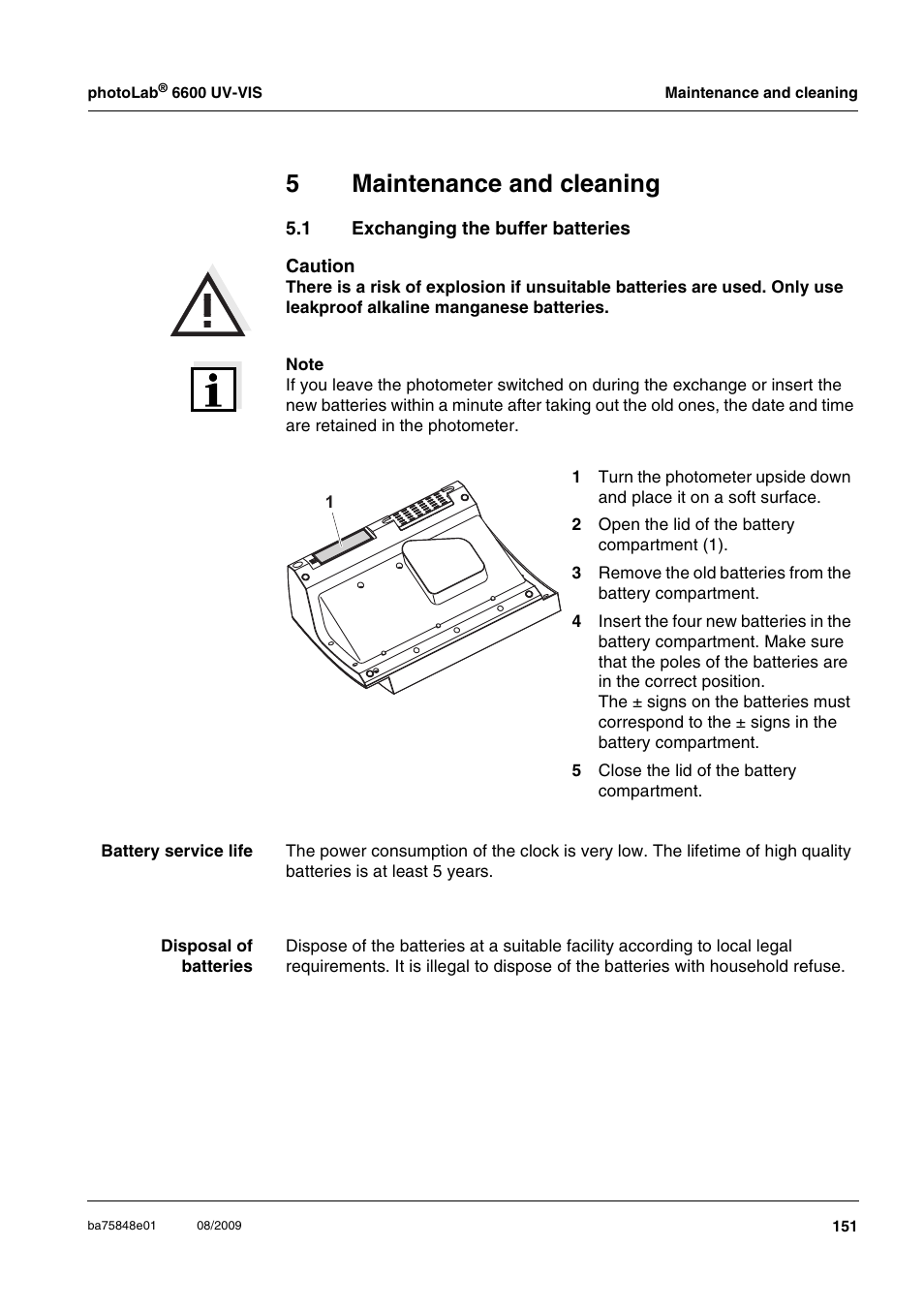 5 maintenance and cleaning, 1 exchanging the buffer batteries, Maintenance and cleaning | Exchanging the buffer batteries, 5maintenance and cleaning | Xylem photoLab 6600 UV-VIS User Manual | Page 151 / 184