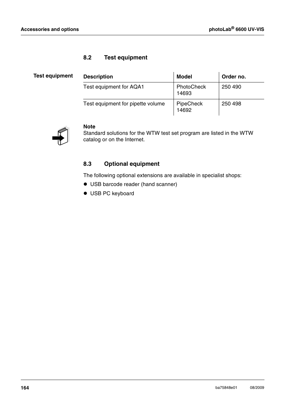 2 test equipment, 3 optional equipment, Test equipment | Optional equipment | Xylem photoLab 6600 UV-VIS User Manual | Page 164 / 184
