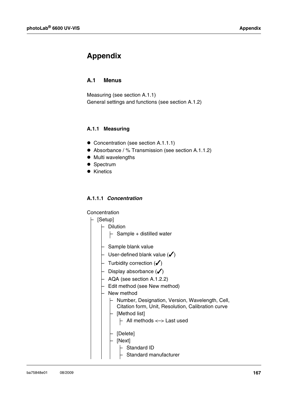 Appendix, A.1 menus, A.1.1 measuring | Menus a.1.1, Measuring | Xylem photoLab 6600 UV-VIS User Manual | Page 167 / 184