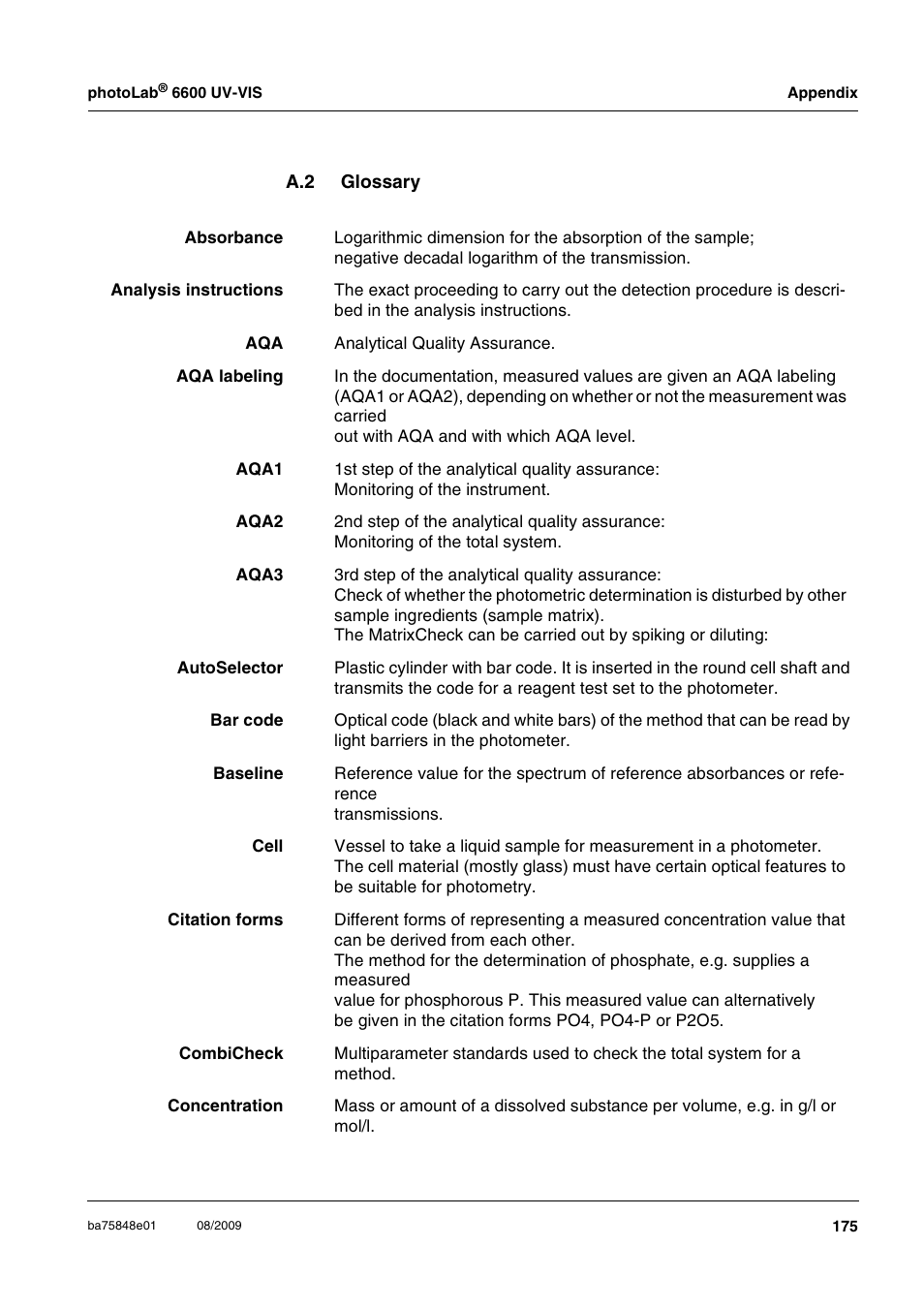 A.2 glossary, Glossary | Xylem photoLab 6600 UV-VIS User Manual | Page 175 / 184