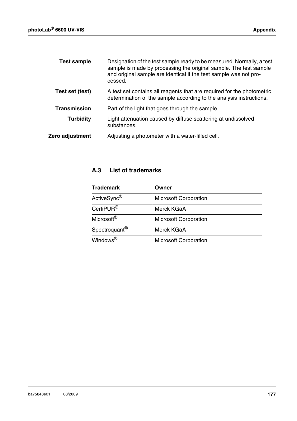 A.3 list of trademarks, List of trademarks | Xylem photoLab 6600 UV-VIS User Manual | Page 177 / 184