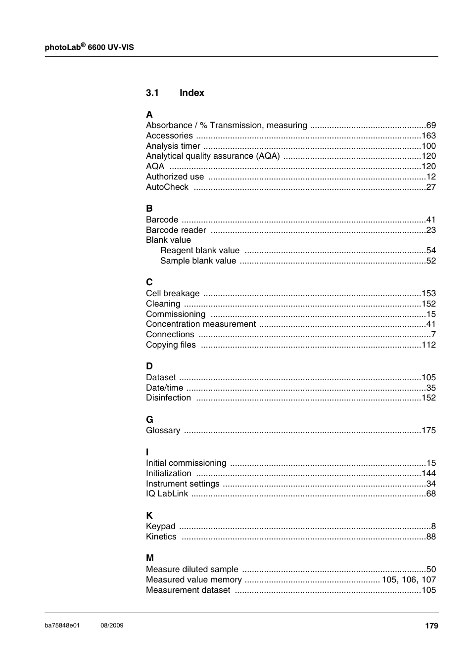 1 index, Index | Xylem photoLab 6600 UV-VIS User Manual | Page 179 / 184
