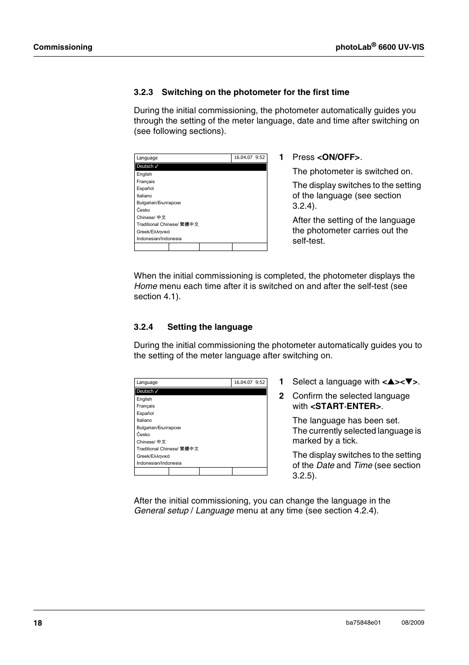 3 switching on the photometer for the first time, 4 setting the language, Switching on the photometer for the first time | Setting the language, Section 3.2.3, Ee section 3.2.4), Ons and | Xylem photoLab 6600 UV-VIS User Manual | Page 18 / 184