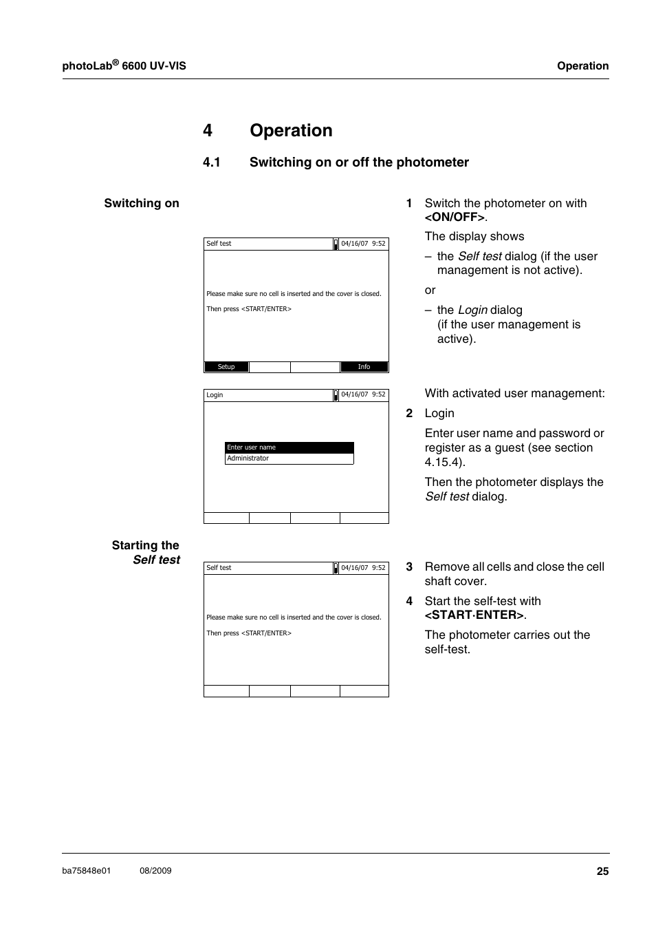 4 operation, 1 switching on or off the photometer, Operation | Switching on or off the photometer, Section 4.1), 4operation | Xylem photoLab 6600 UV-VIS User Manual | Page 25 / 184