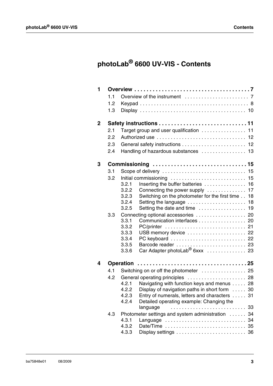Photolab, 6600 uv-vis - contents | Xylem photoLab 6600 UV-VIS User Manual | Page 3 / 184
