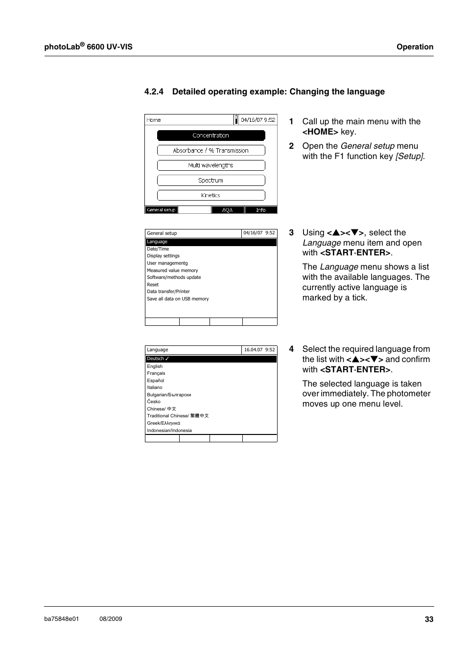 Detailed operating example: changing the language, Ee section 4.2.4 | Xylem photoLab 6600 UV-VIS User Manual | Page 33 / 184