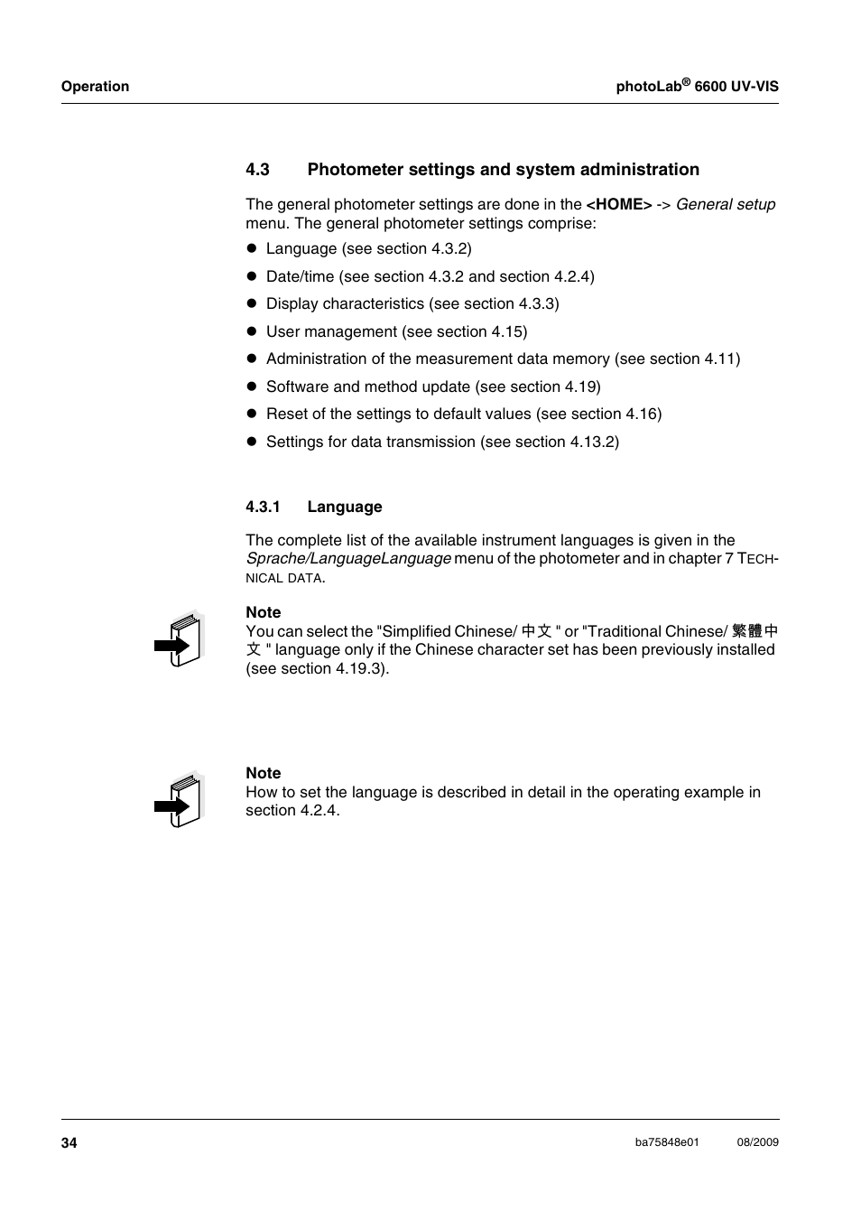 3 photometer settings and system administration, 1 language, Language | Xylem photoLab 6600 UV-VIS User Manual | Page 34 / 184