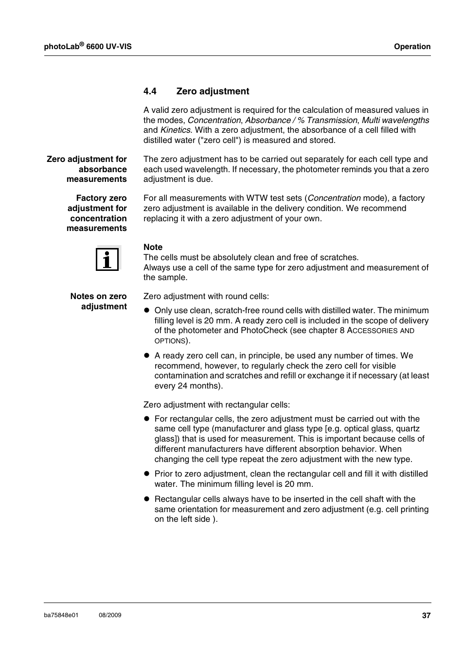 4 zero adjustment, Zero adjustment, See section 4.4) | Xylem photoLab 6600 UV-VIS User Manual | Page 37 / 184