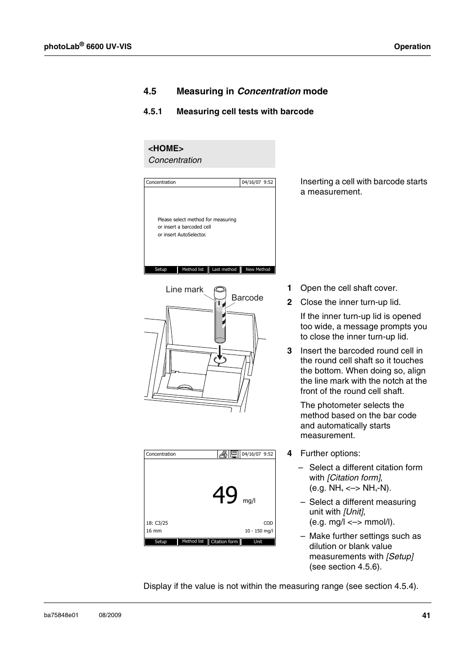 5 measuring in concentration mode, 1 measuring cell tests with barcode, Measuring in | Measuring cell tests with barcode | Xylem photoLab 6600 UV-VIS User Manual | Page 41 / 184