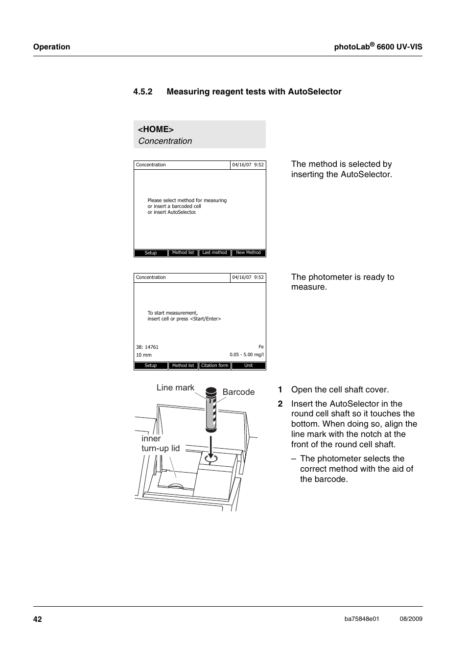 2 measuring reagent tests with autoselector, Measuring reagent tests with autoselector, Line mark barcode inner turn-up lid | Xylem photoLab 6600 UV-VIS User Manual | Page 42 / 184