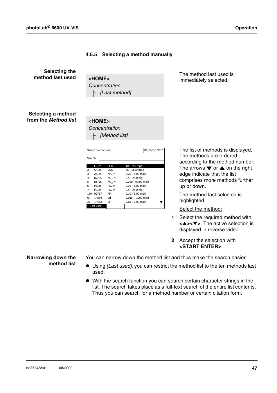 5 selecting a method manually, Selecting a method manually | Xylem photoLab 6600 UV-VIS User Manual | Page 47 / 184