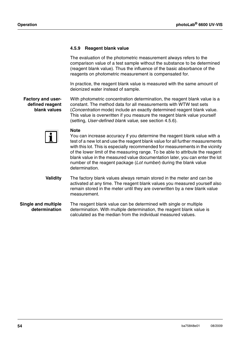 9 reagent blank value, Reagent blank value, Ue, see section 4.5.9 | Xylem photoLab 6600 UV-VIS User Manual | Page 54 / 184