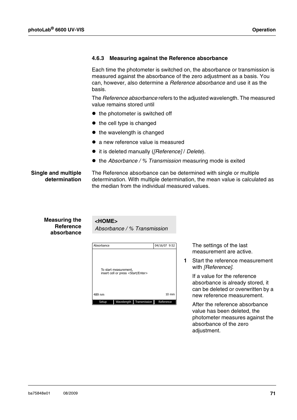 3 measuring against the reference absorbance, Measuring against the reference absorbance . 71, Section 4.6.3 m | Easuring, Against, Eference, Absorbance, Section 4.6.3) | Xylem photoLab 6600 UV-VIS User Manual | Page 71 / 184