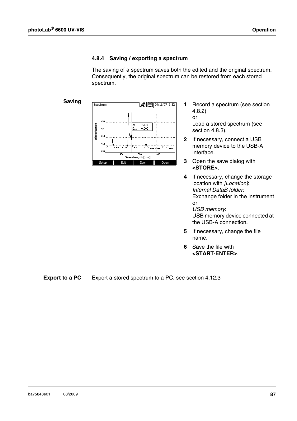 4 saving / exporting a spectrum, Saving / exporting a spectrum | Xylem photoLab 6600 UV-VIS User Manual | Page 87 / 184