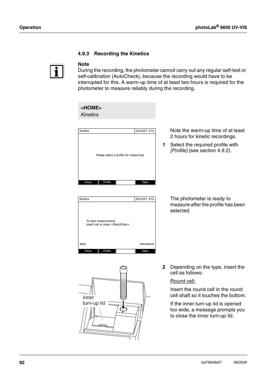 3 recording the kinetics, Recording the kinetics, Inner turn-up lid | Xylem photoLab 6600 UV-VIS User Manual | Page 92 / 184