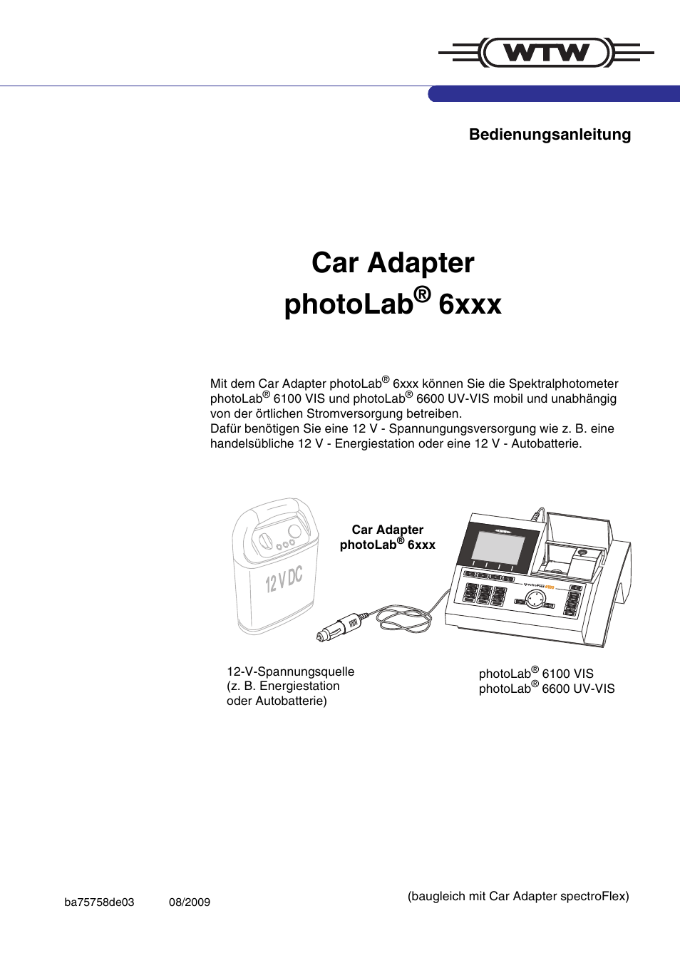 Xylem photoLab 6xxx Car Adapter User Manual | 6 pages