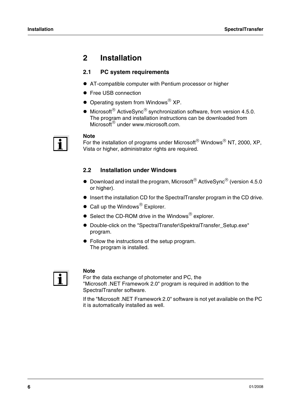 2 installation, 1 pc system requirements, 2 installation under windows | Installation, Pc system requirements, Installation under windows, 2installation | Xylem SpectralTransfer User Manual | Page 6 / 16