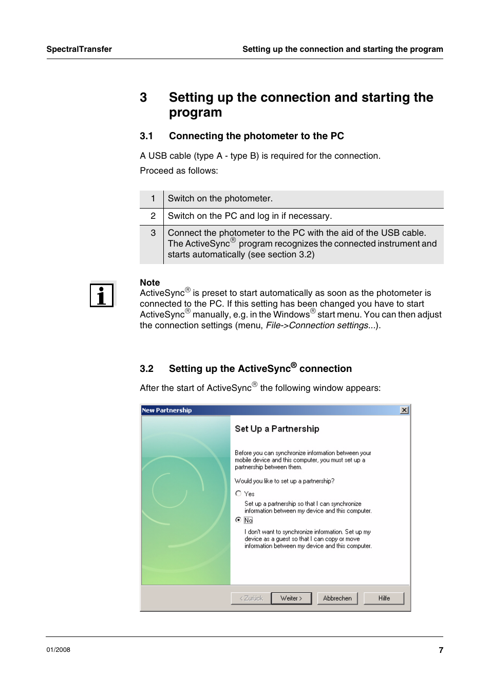 1 connecting the photometer to the pc, 2 setting up the activesync® connection, Setting up the connection and starting the program | Connecting the photometer to the pc, Setting up the activesync | Xylem SpectralTransfer User Manual | Page 7 / 16