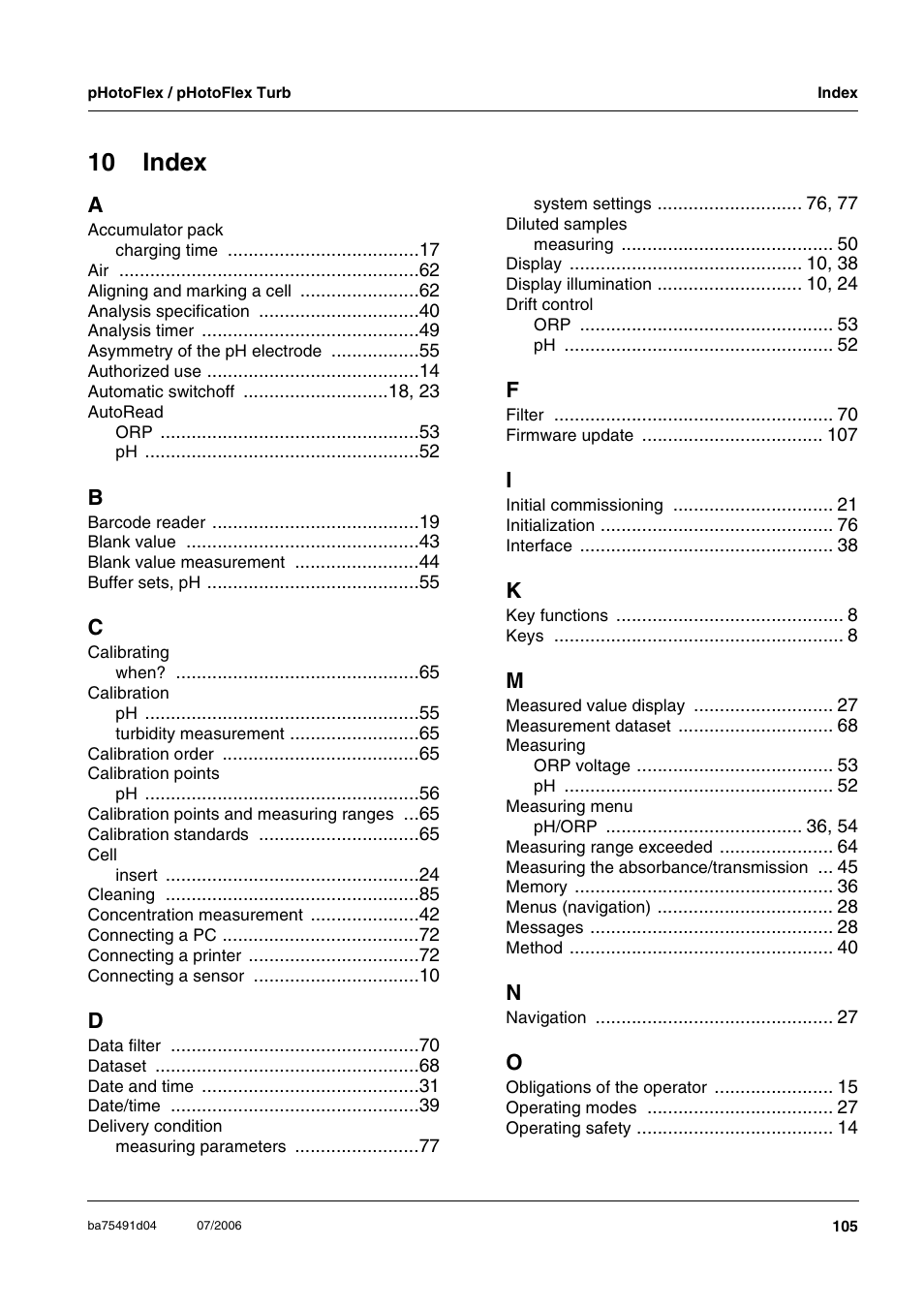 10 index | Xylem pHotoFlex/pHotoFlex Turb User Manual | Page 105 / 109