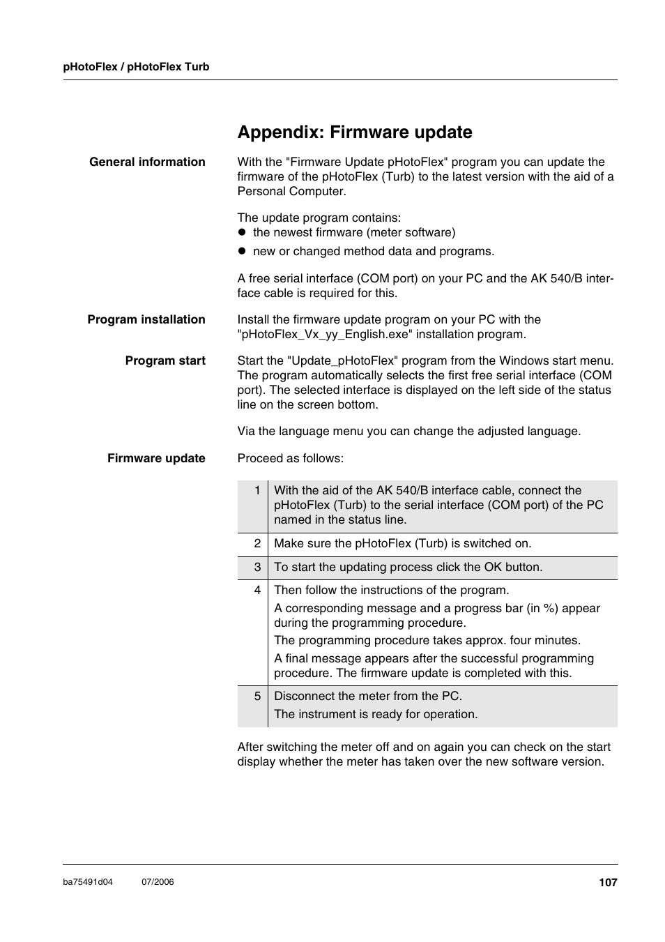 Appendix: firmware update, Ppendix, Irmware | Update | Xylem pHotoFlex/pHotoFlex Turb User Manual | Page 107 / 109