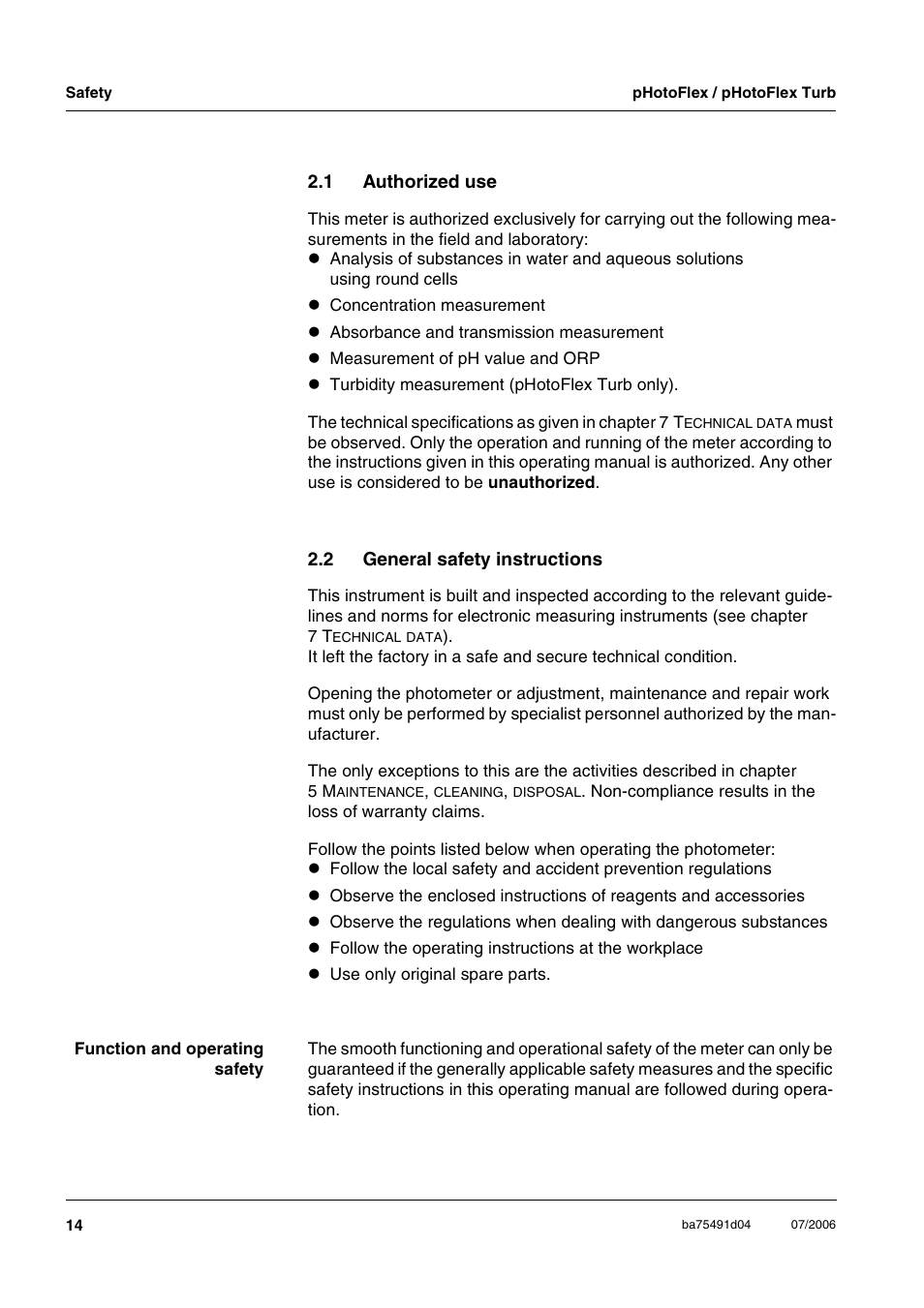 1 authorized use, 2 general safety instructions, Authorized use | General safety instructions | Xylem pHotoFlex/pHotoFlex Turb User Manual | Page 14 / 109