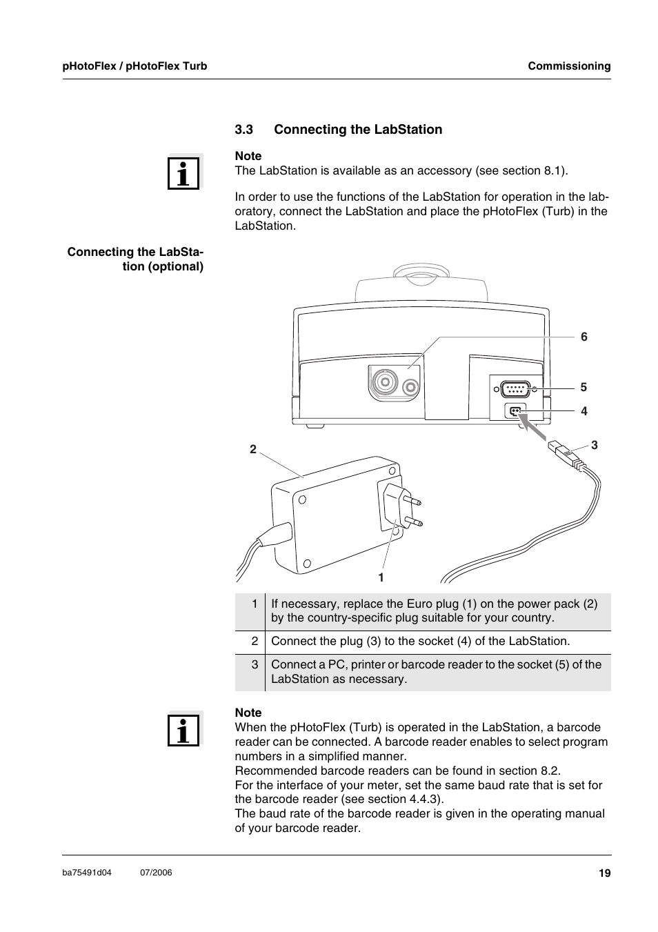 3 connecting the labstation, Connecting the labstation | Xylem pHotoFlex/pHotoFlex Turb User Manual | Page 19 / 109