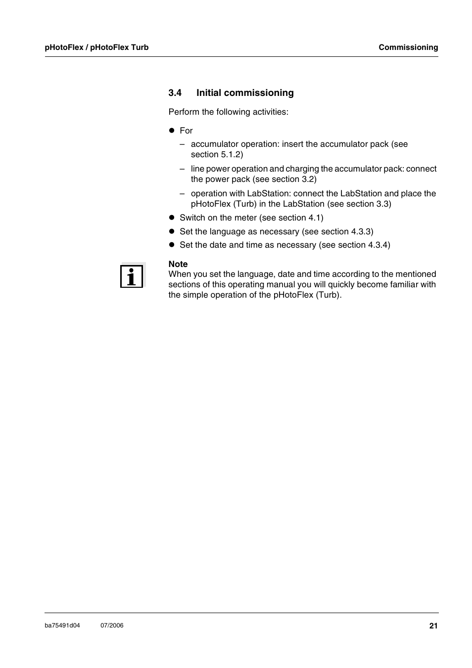 4 initial commissioning, Initial commissioning | Xylem pHotoFlex/pHotoFlex Turb User Manual | Page 21 / 109