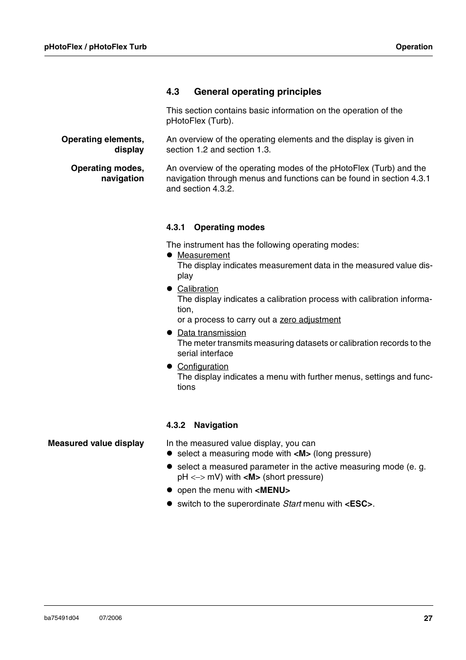 3 general operating principles, 1 operating modes, 2 navigation | General operating principles 4.3.1, Operating modes, Navigation | Xylem pHotoFlex/pHotoFlex Turb User Manual | Page 27 / 109