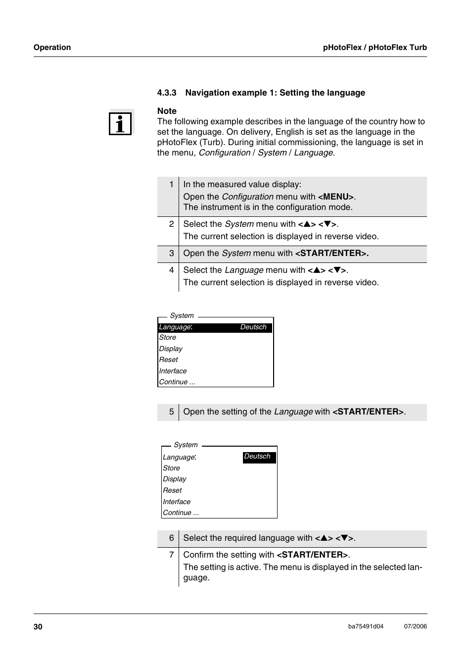 3 navigation example 1: setting the language, Navigation example 1: setting the language, Ee section 4.3.3) | Xylem pHotoFlex/pHotoFlex Turb User Manual | Page 30 / 109