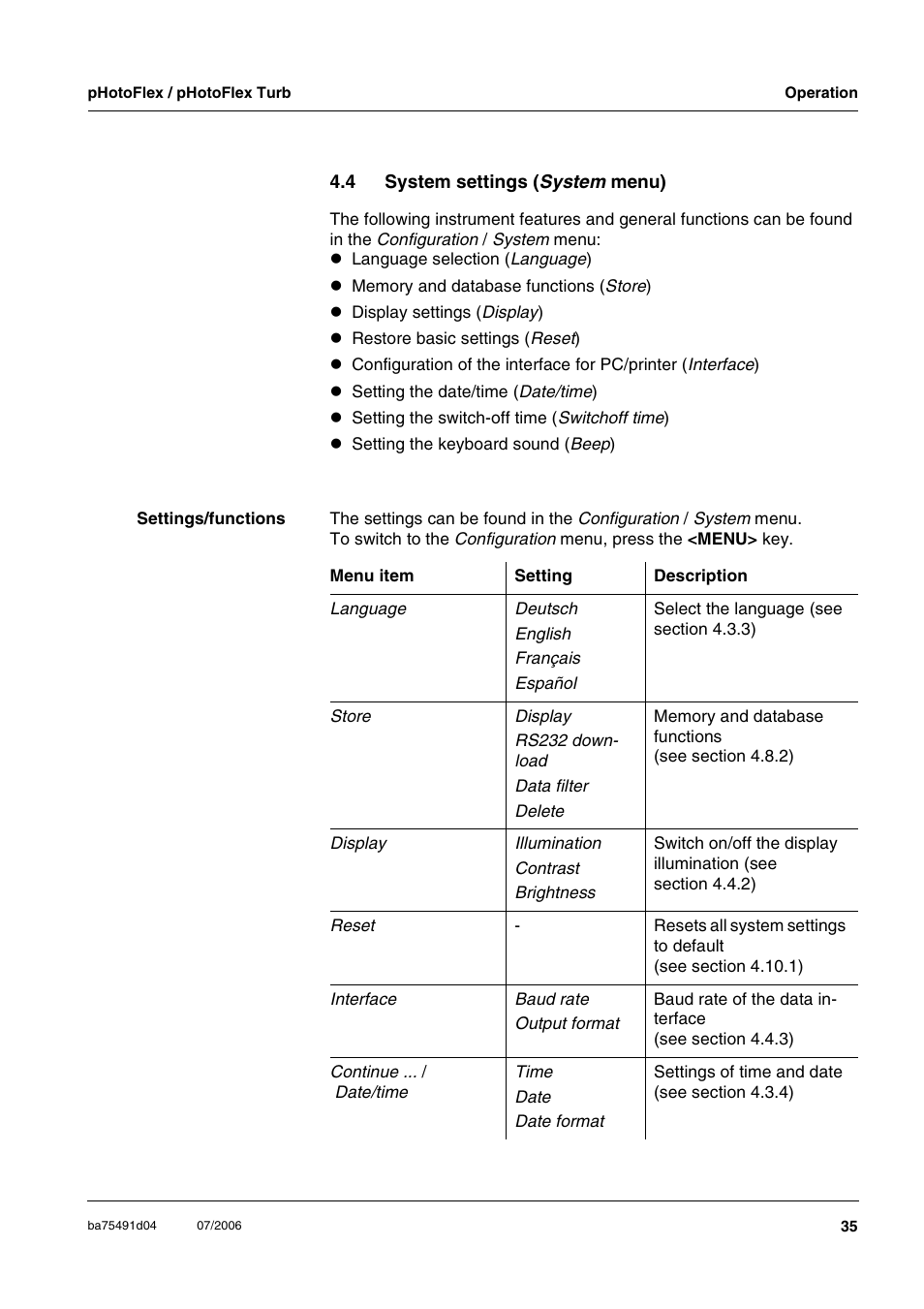 4 system settings (system menu), System settings ( sys, Section 4.4) | Xylem pHotoFlex/pHotoFlex Turb User Manual | Page 35 / 109