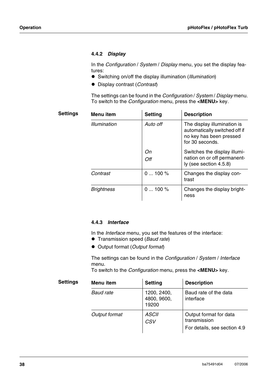 2 display, 3 interface, Section 4.4.2) | Section 4.4.2, Ee section 4.4.3) | Xylem pHotoFlex/pHotoFlex Turb User Manual | Page 38 / 109