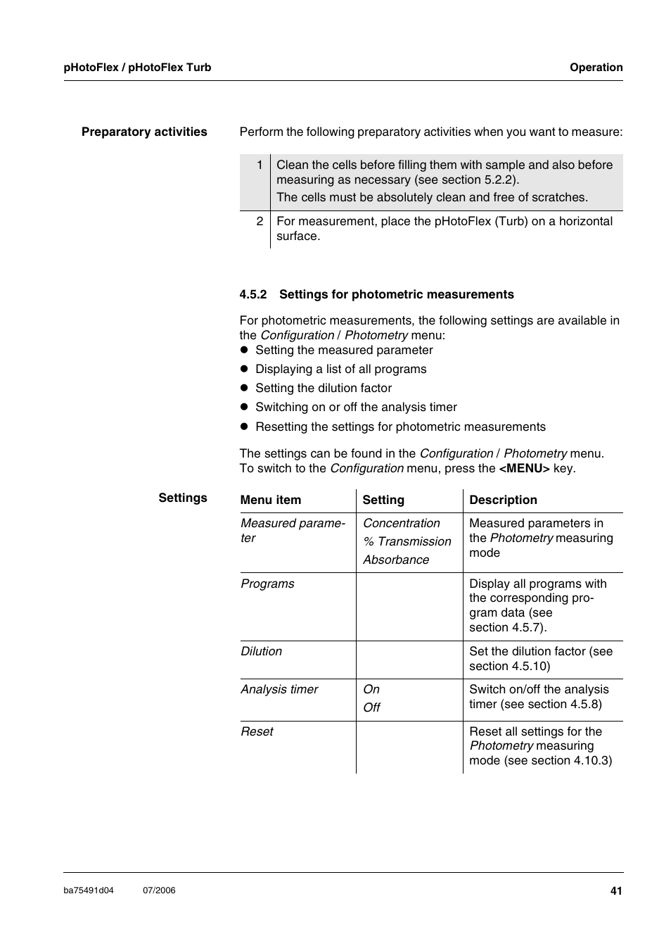 2 settings for photometric measurements, Settings for photometric measurements | Xylem pHotoFlex/pHotoFlex Turb User Manual | Page 41 / 109