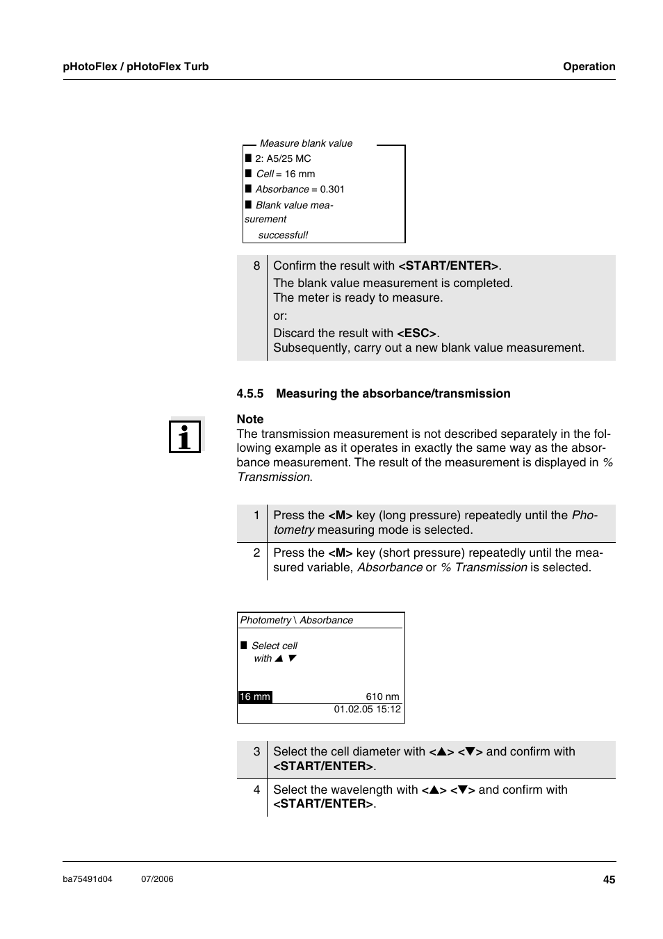 5 measuring the absorbance/transmission, Measuring the absorbance/transmission | Xylem pHotoFlex/pHotoFlex Turb User Manual | Page 45 / 109