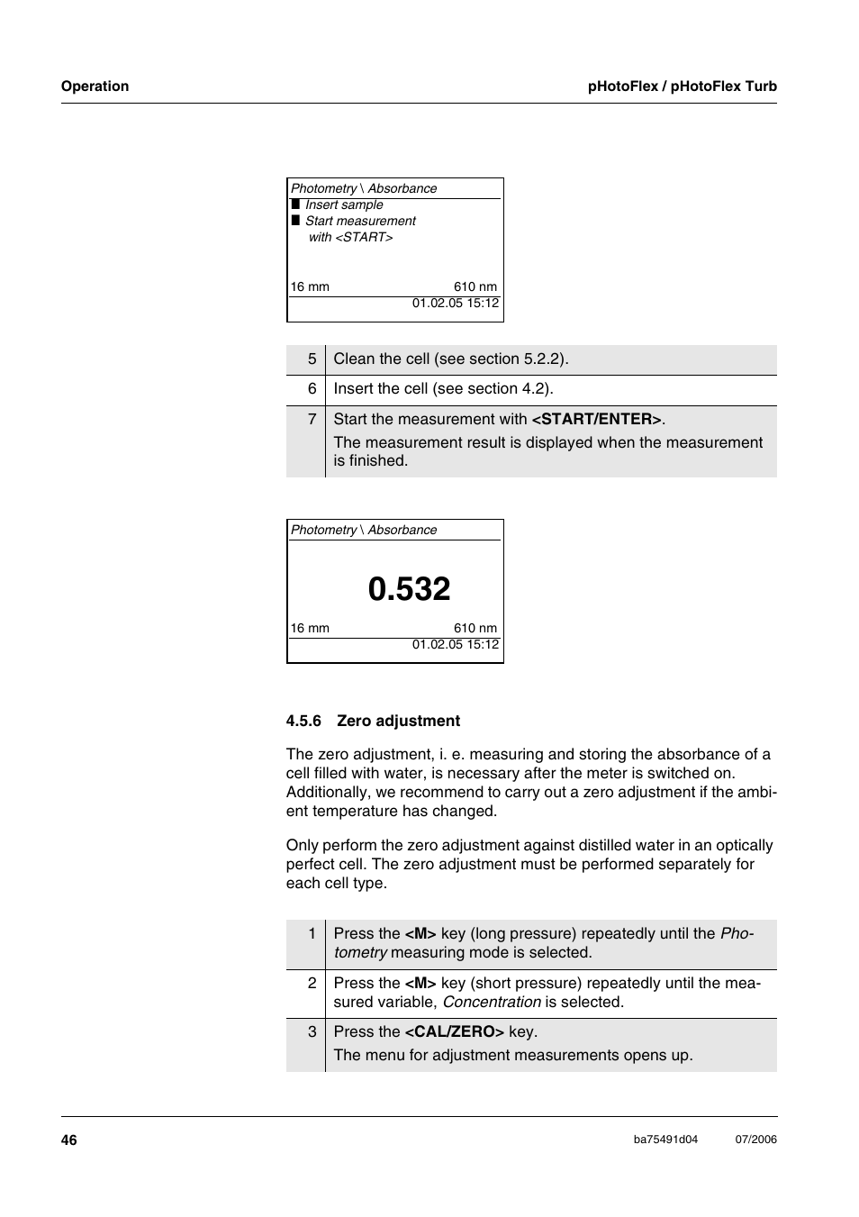 6 zero adjustment, Zero adjustment | Xylem pHotoFlex/pHotoFlex Turb User Manual | Page 46 / 109