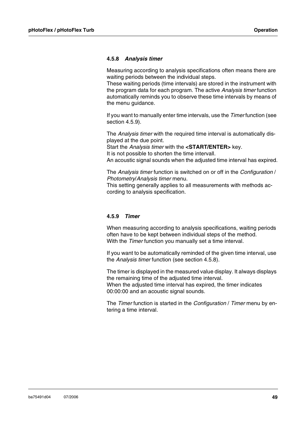 8 analysis timer, 9 timer, Ee section 4.5.8) | Xylem pHotoFlex/pHotoFlex Turb User Manual | Page 49 / 109