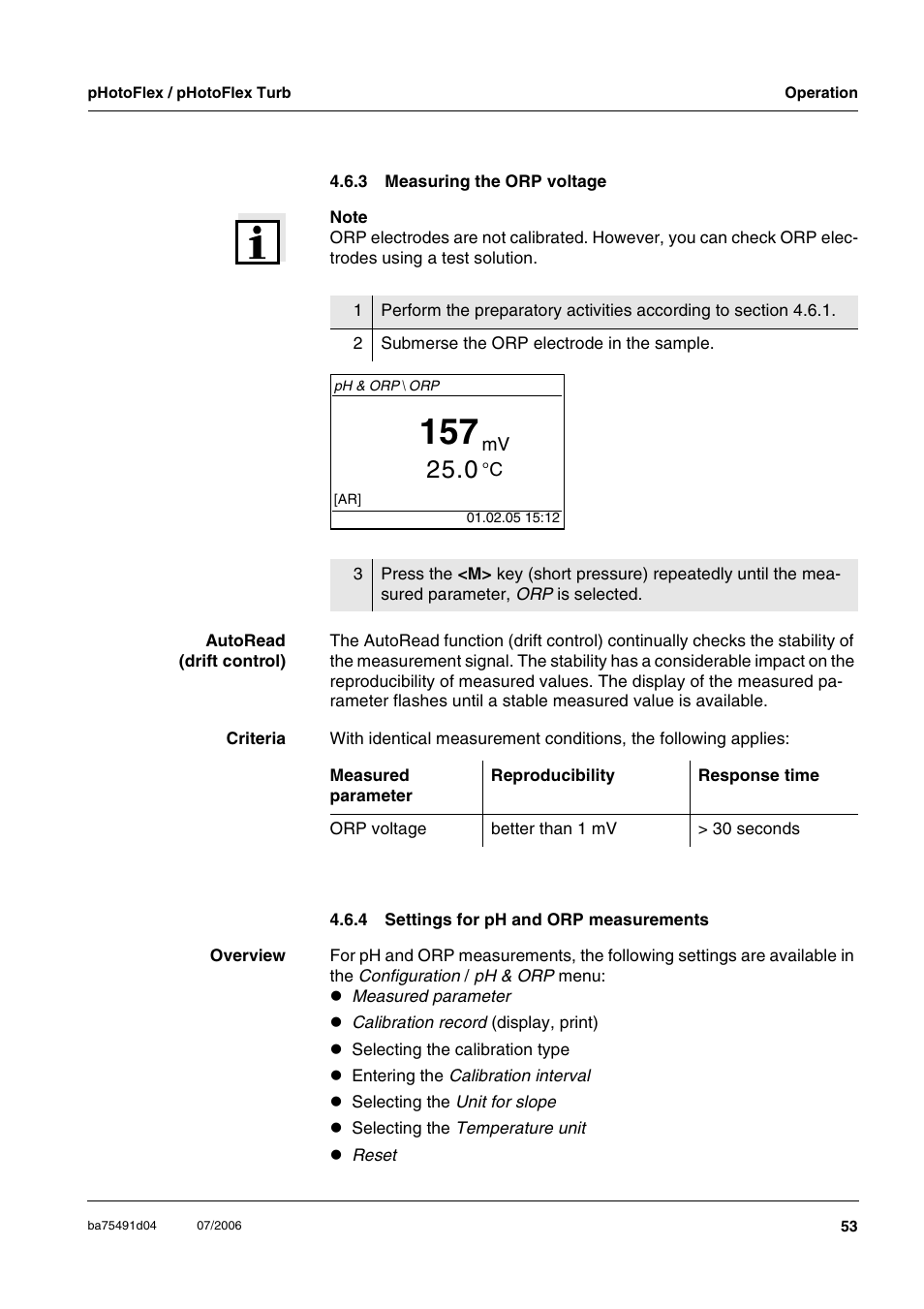 3 measuring the orp voltage, 4 settings for ph and orp measurements, Measuring the orp voltage | Settings for ph and orp measurements | Xylem pHotoFlex/pHotoFlex Turb User Manual | Page 53 / 109