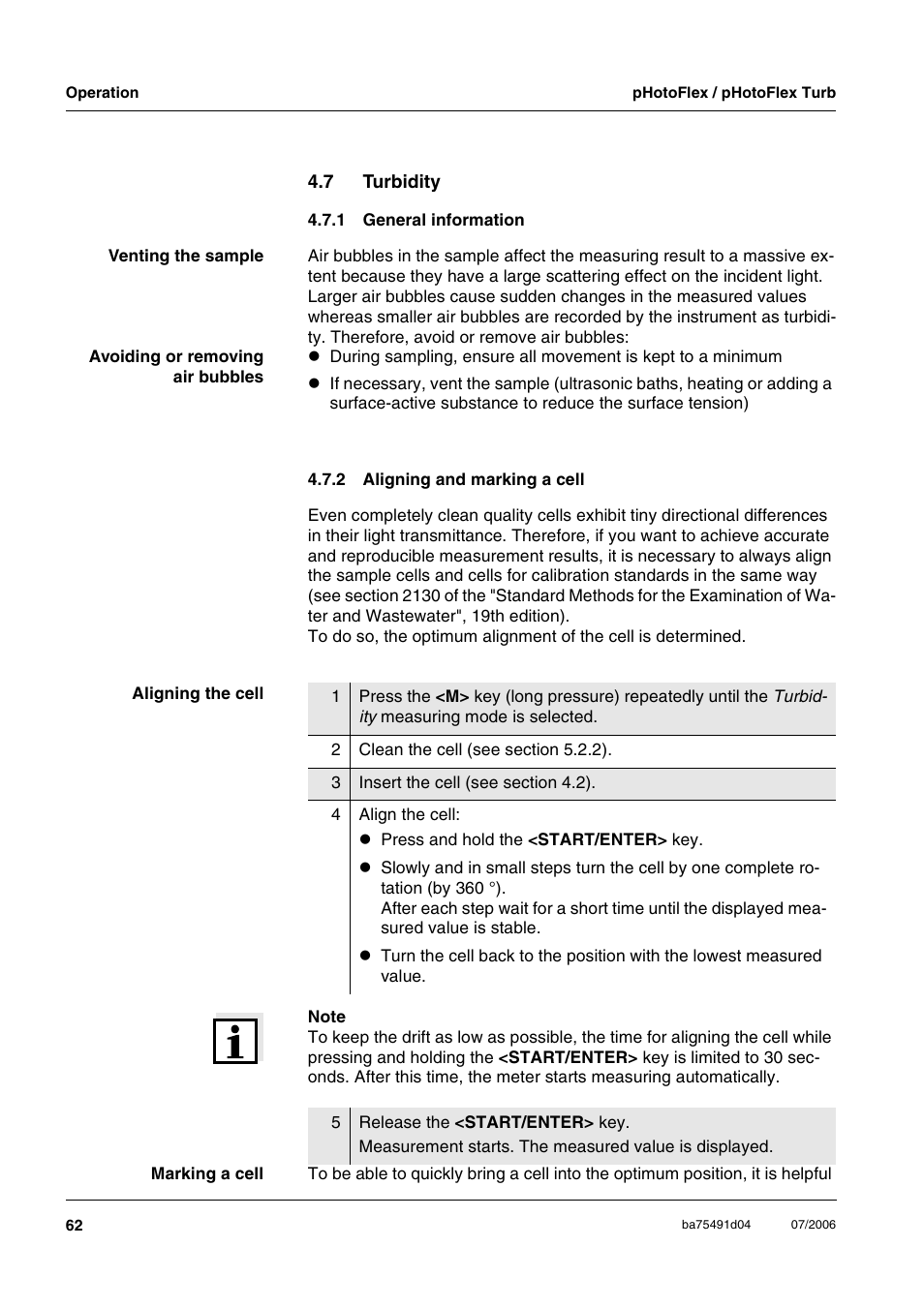 7 turbidity, 1 general information, 2 aligning and marking a cell | Turbidity 4.7.1, General information, Aligning and marking a cell | Xylem pHotoFlex/pHotoFlex Turb User Manual | Page 62 / 109