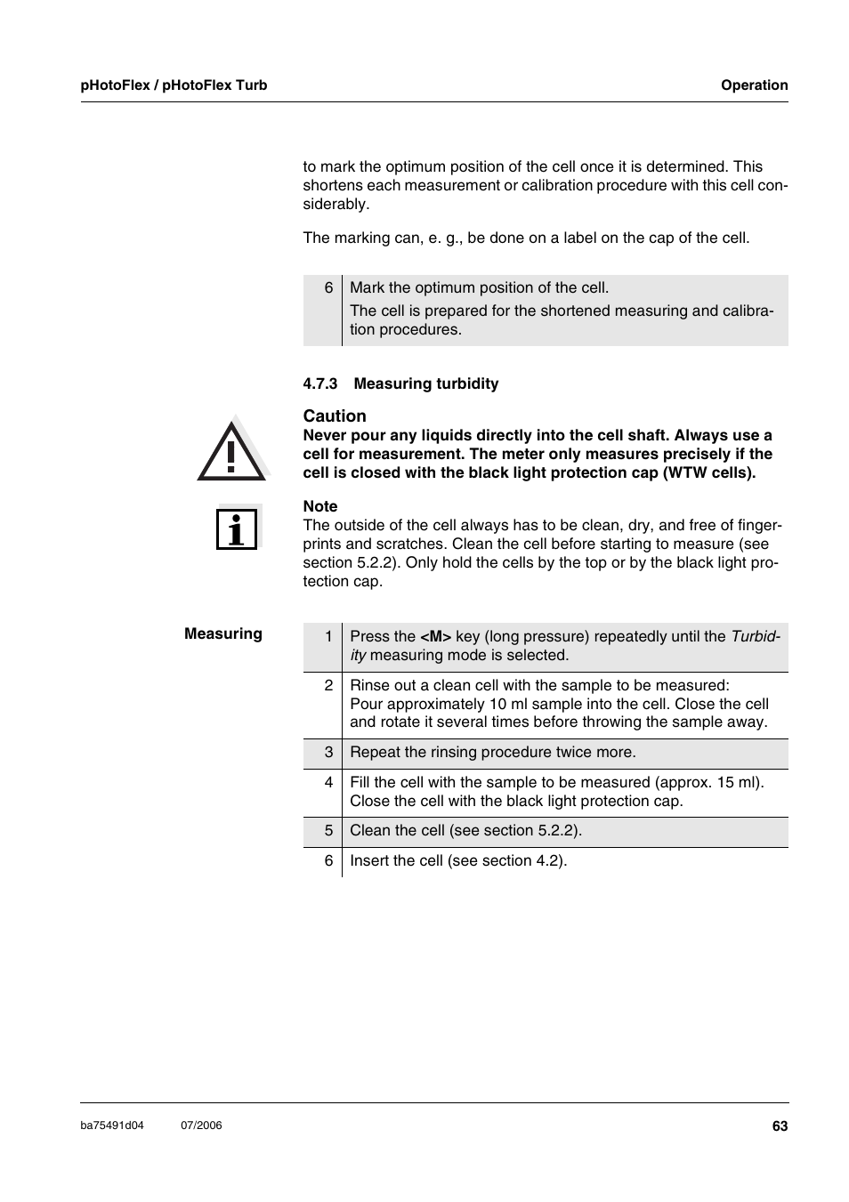 3 measuring turbidity, Measuring turbidity | Xylem pHotoFlex/pHotoFlex Turb User Manual | Page 63 / 109