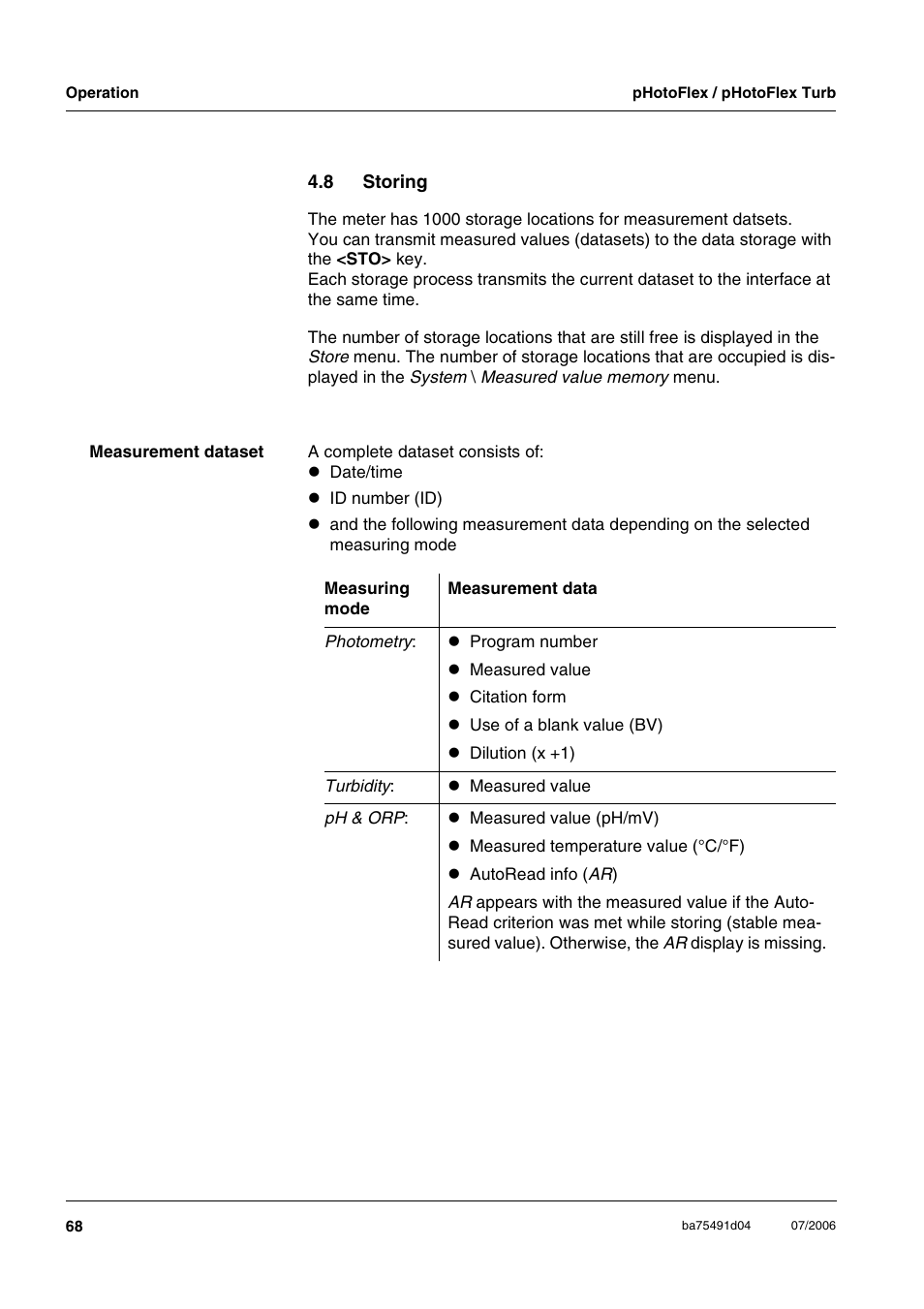 8 storing, Storing | Xylem pHotoFlex/pHotoFlex Turb User Manual | Page 68 / 109