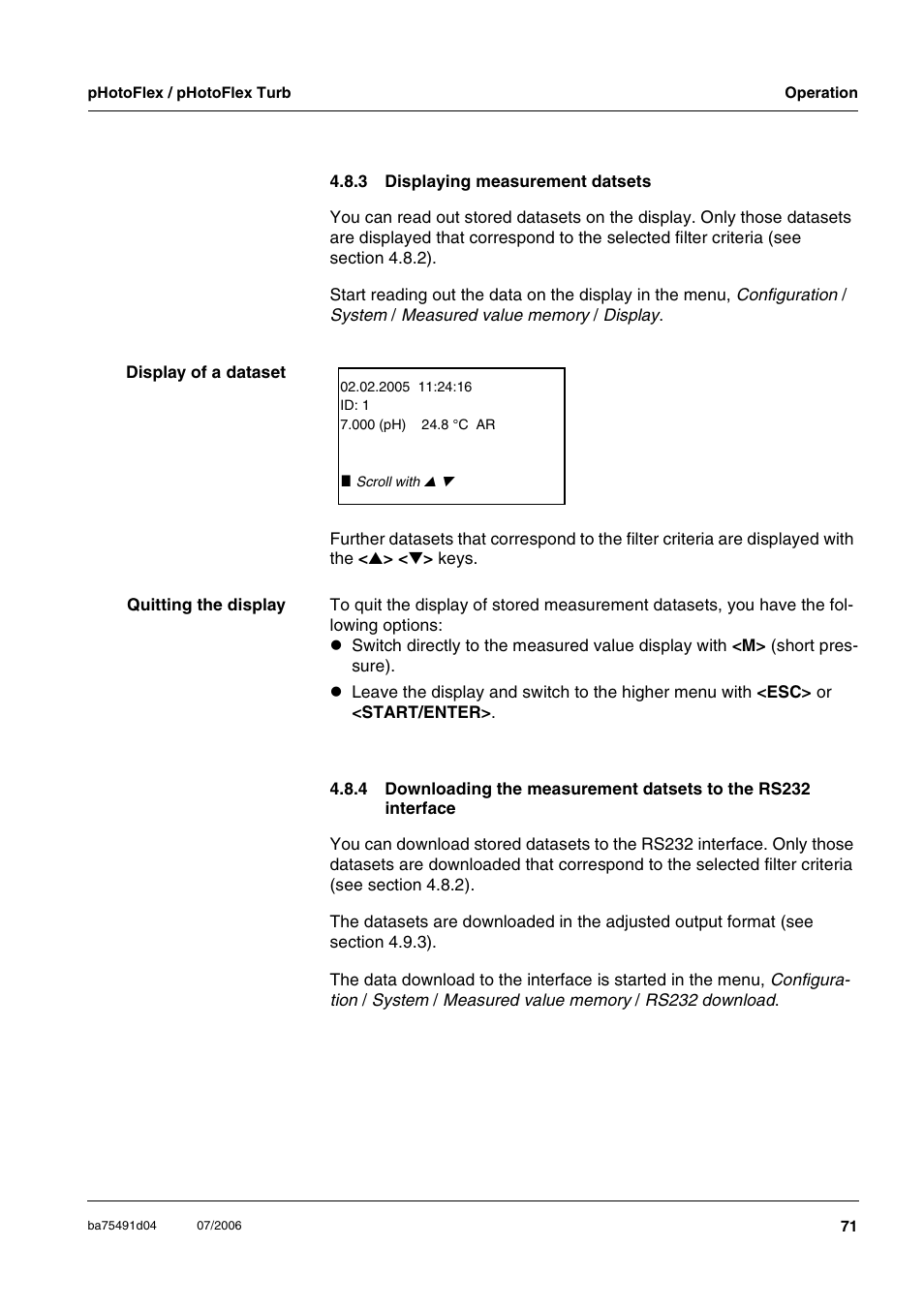 3 displaying measurement datsets, Displaying measurement datsets | Xylem pHotoFlex/pHotoFlex Turb User Manual | Page 71 / 109