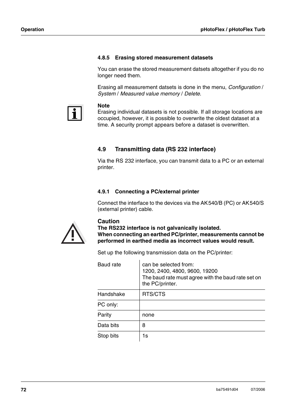 5 erasing stored measurement datasets, 9 transmitting data (rs 232 interface), 1 connecting a pc/external printer | Erasing stored measurement datasets, Transmitting data (rs 232 interface) 4.9.1, Connecting a pc/external printer | Xylem pHotoFlex/pHotoFlex Turb User Manual | Page 72 / 109