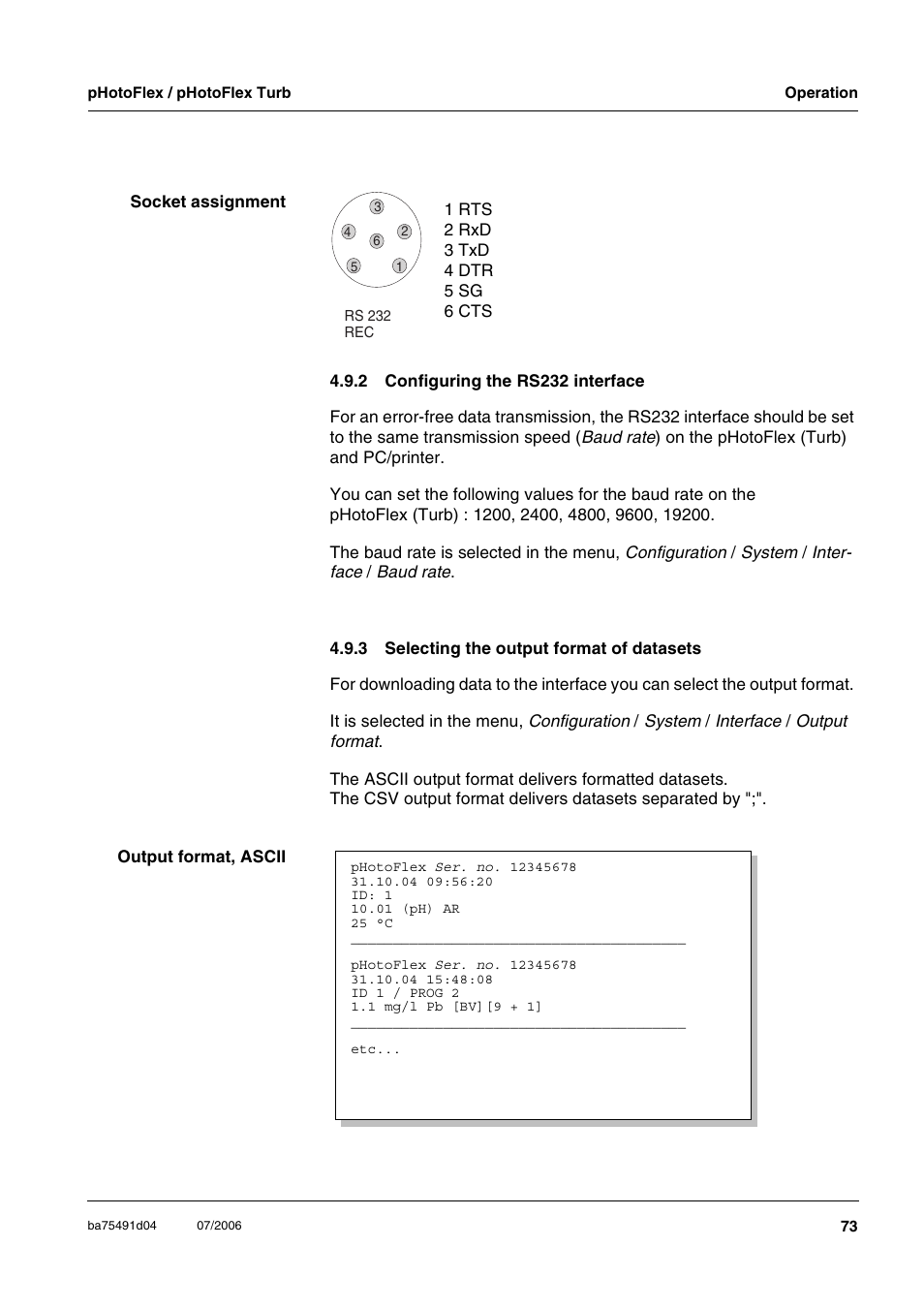 2 configuring the rs232 interface, 3 selecting the output format of datasets, Configuring the rs232 interface | Selecting the output format of datasets | Xylem pHotoFlex/pHotoFlex Turb User Manual | Page 73 / 109