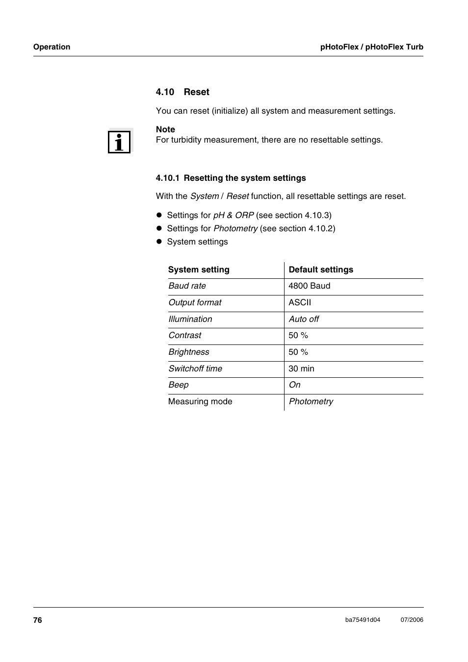 10 reset, 1 resetting the system settings, Ee section 4.10.1) | Xylem pHotoFlex/pHotoFlex Turb User Manual | Page 76 / 109