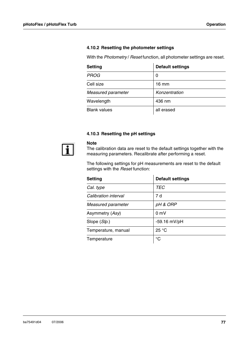 2 resetting the photometer settings, 3 resetting the ph settings, Ee section 4.10.3) | Xylem pHotoFlex/pHotoFlex Turb User Manual | Page 77 / 109
