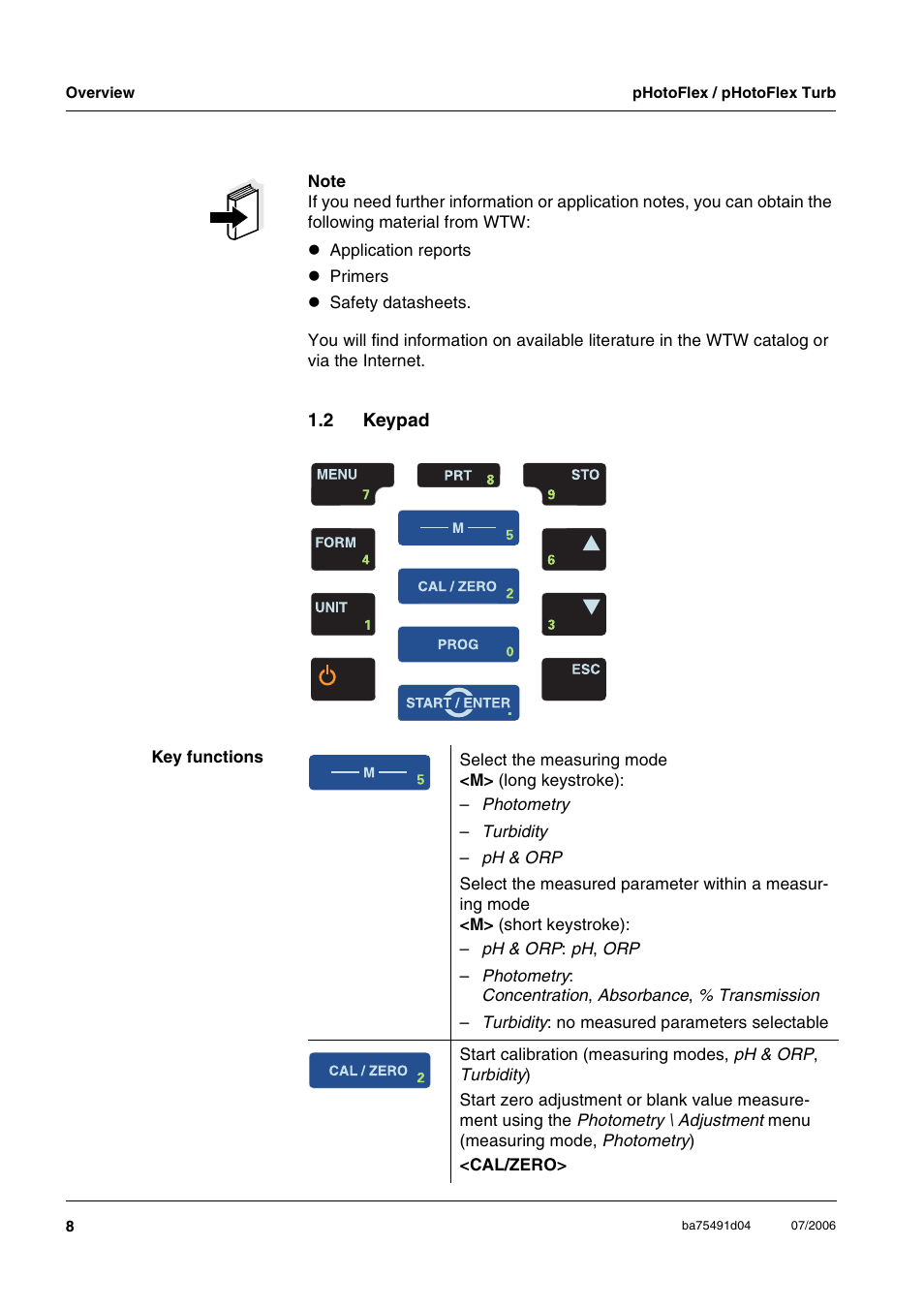2 keypad, Keypad | Xylem pHotoFlex/pHotoFlex Turb User Manual | Page 8 / 109
